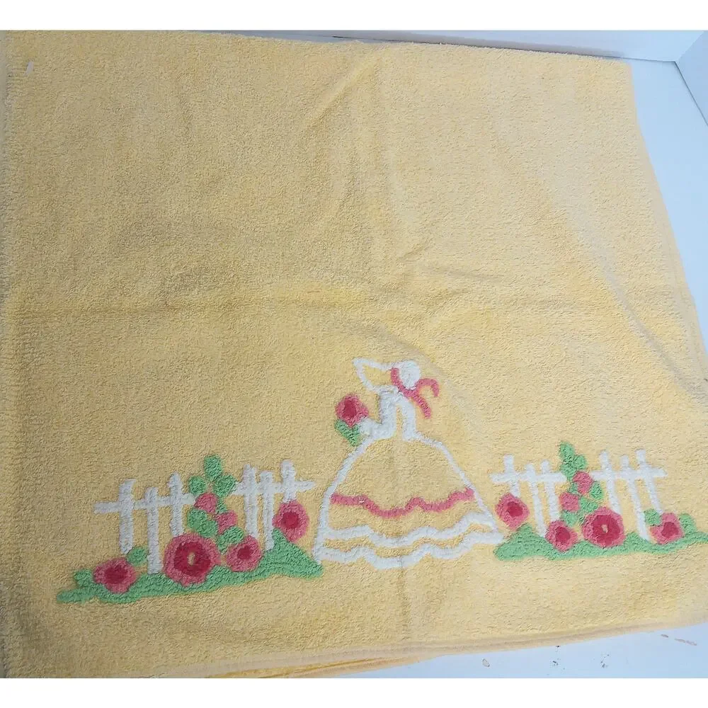 Vintage Martex Yellow Bath Towel Southern Belle Crinoline Lady Punch Needle